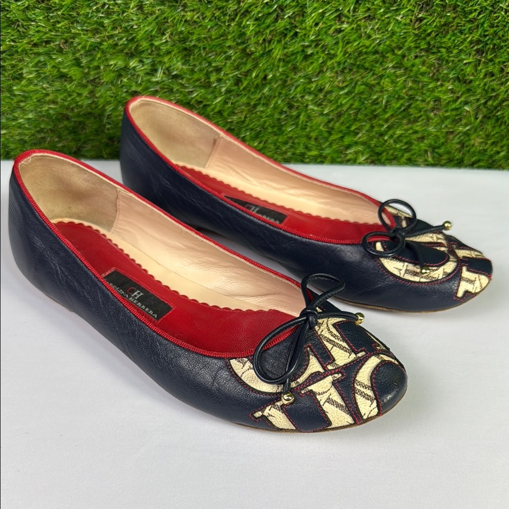 Carolina Herrera Black Leather Ballet Flats with Gold Accent